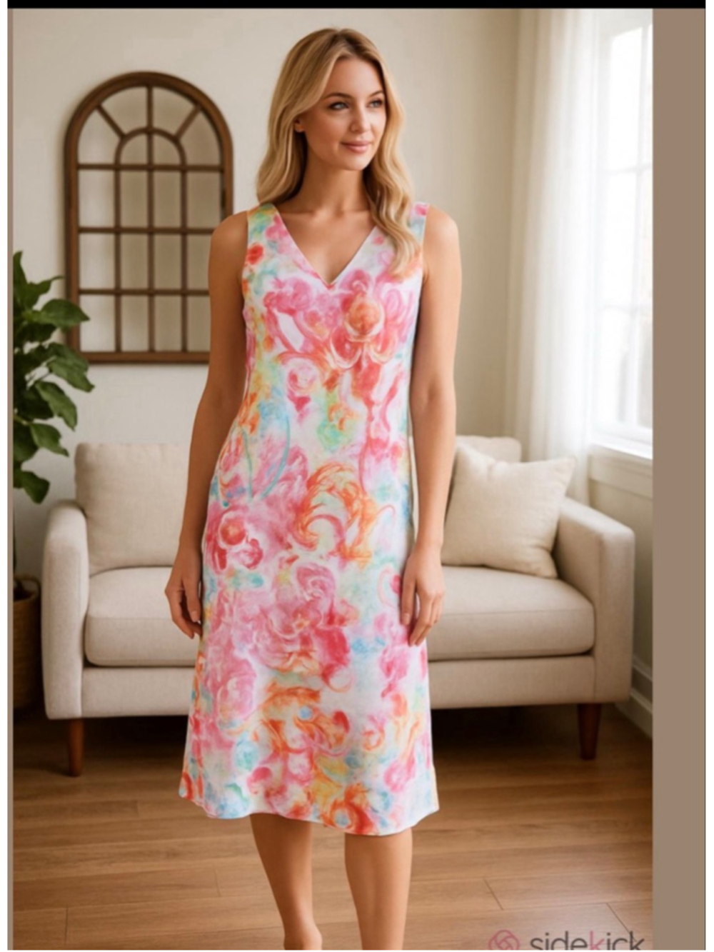 CHARLIE B Sleeveless V-Neck Midi Dress in Pink Multi Watercolor